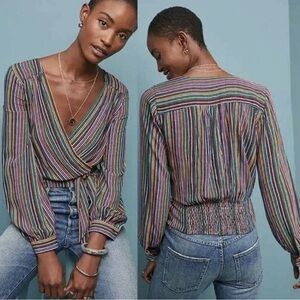 Maeve SIZE 4 Anthropologie lisa multi striped tie wrap blouse